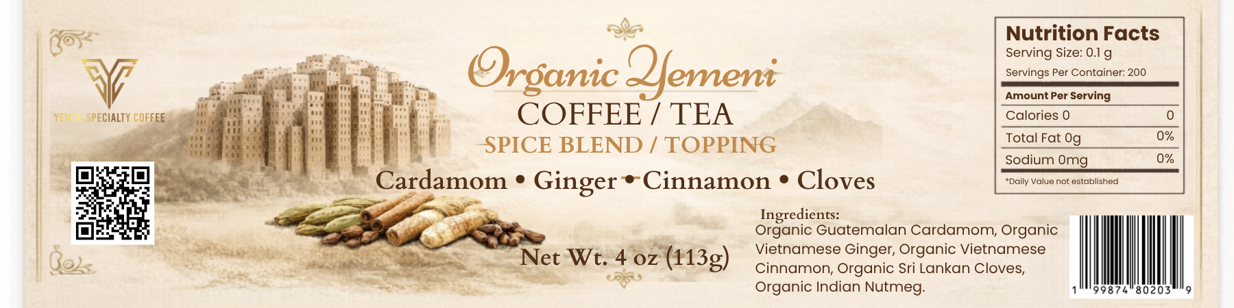 Label for Organic Yemeni coffee, tea, or spice blend with cardamom, ginger, cinnamon, and cloves.